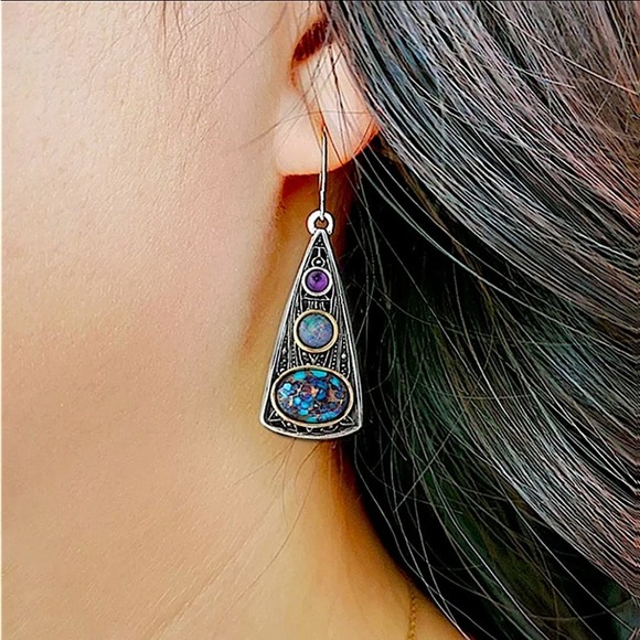 Vintage Handmade Boho Earrings, Silver Geometric - Picture 5 of 6